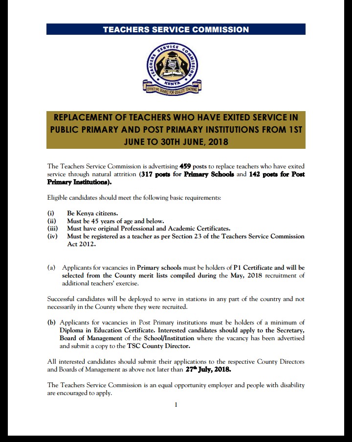 TSC has advertised 459 post for teachers who exited service through natural attrition June 2018