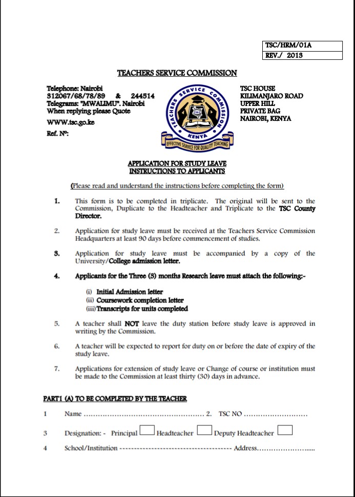 Procedure of applying for TSC study leave; Guidelines for TSC study leave; TSC Study leave Form attached