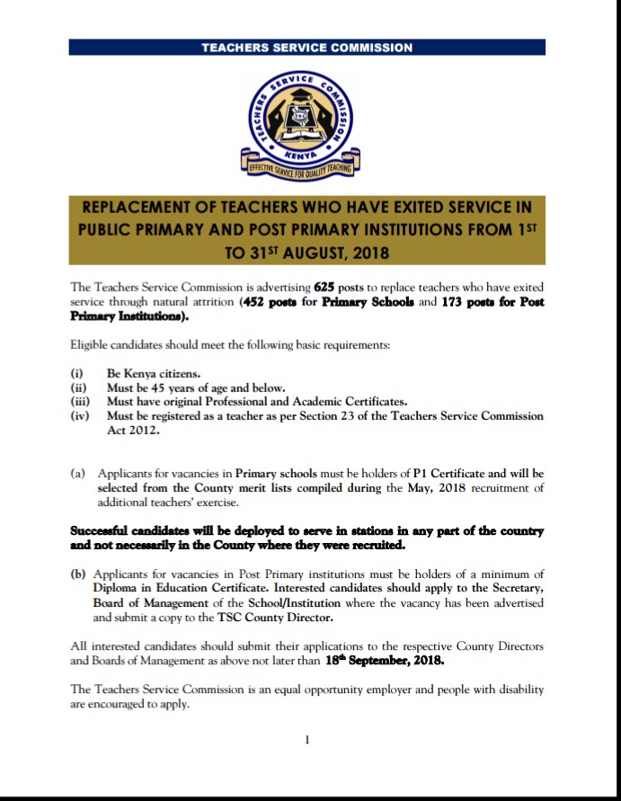 TSC to employ 452 primary school teachers who exited service month of AUGUST 2018 due to Natural Attrition