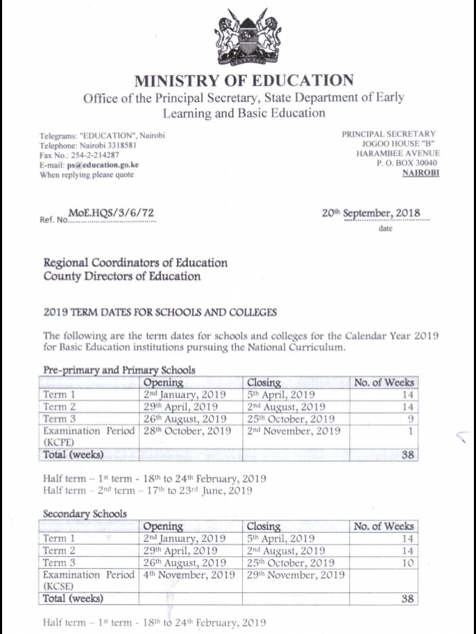 MOE 2019 term dates/calendar of events for Schools and Colleges