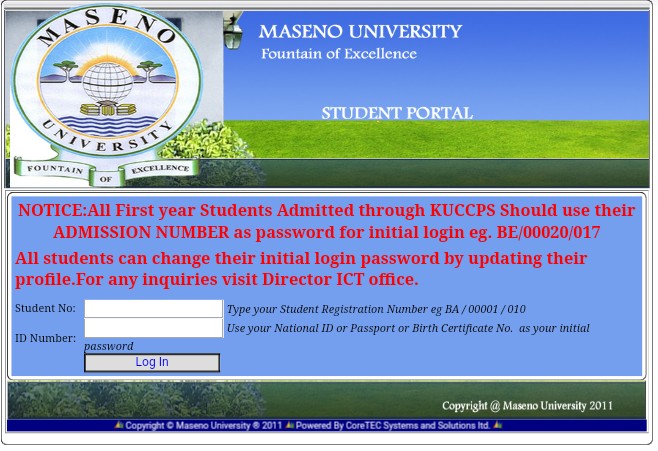 Login Maseno University student portal studentportal.maseno.ac.ke for unit registration,fee statement,exam transcript