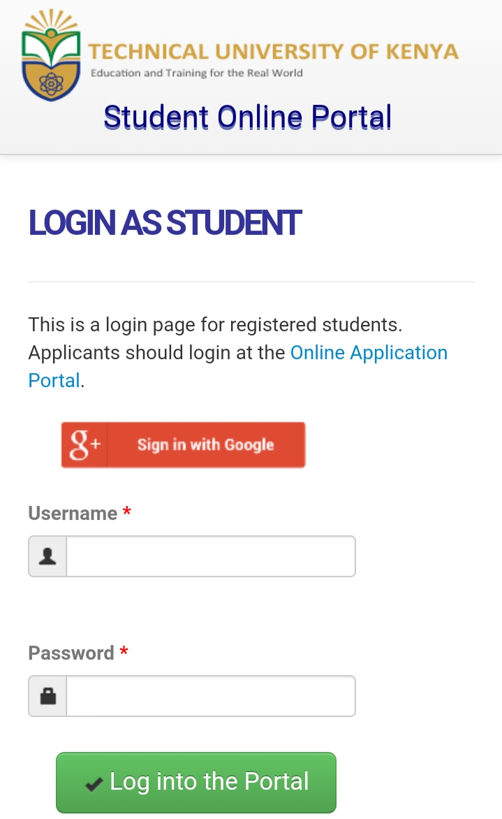 Log in to Technical university of Kenya-TUK Student portal portal.tukenya.ac.ke;fee statement, online registration