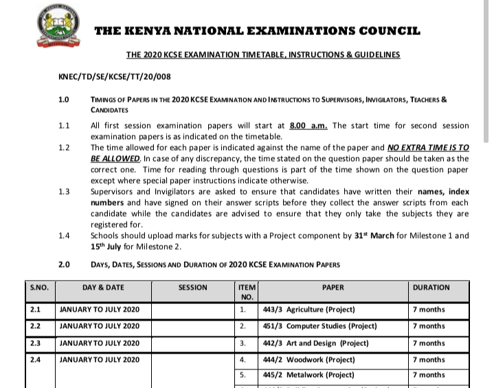 KCSE 2020 KNEC Examination Timetable pdf Download