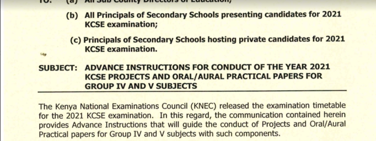 KCSE 2021 KNEC instructions for Group IV Subjects with Projects/Practicals; Deadline for Milestones I & II