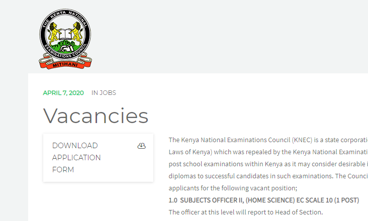Job vacancies at Kenya National Examination Council (KNEC); Requirements, Application and Deadline