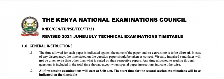 Revised KNEC 2021 July/August Technical Examinations Timetable For Practicals and Project papers