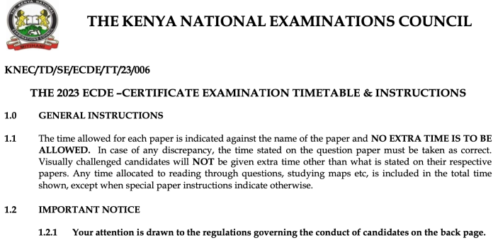 KNEC 2023 ECDE – Certificate Examination Timetable & Instructions