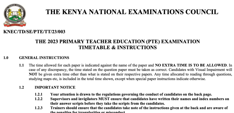 KNEC 2023 Primary Teacher Education (PTE) Examination Timetable & Instructions